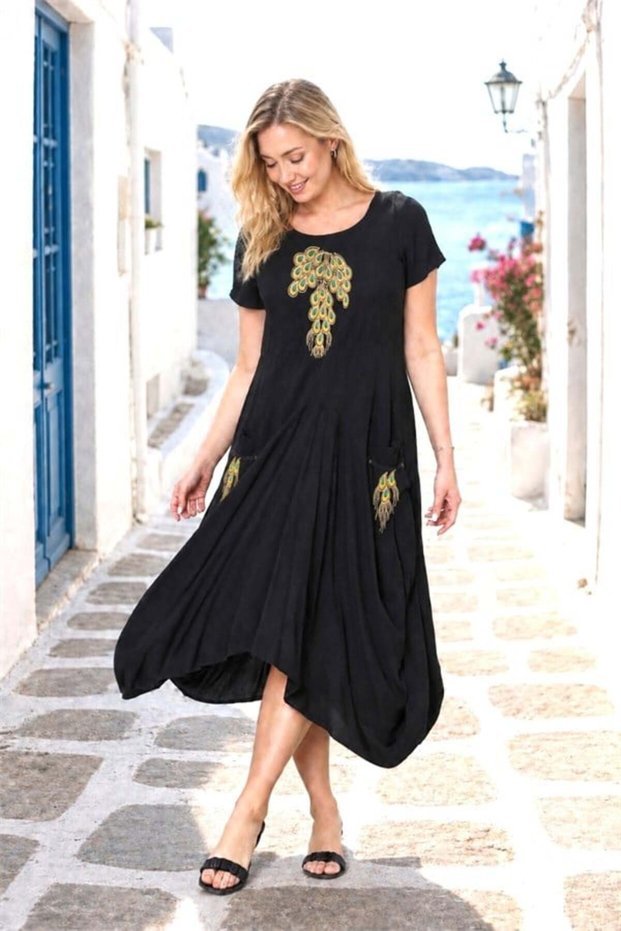 Black Embroidered Combed Cotton Dress