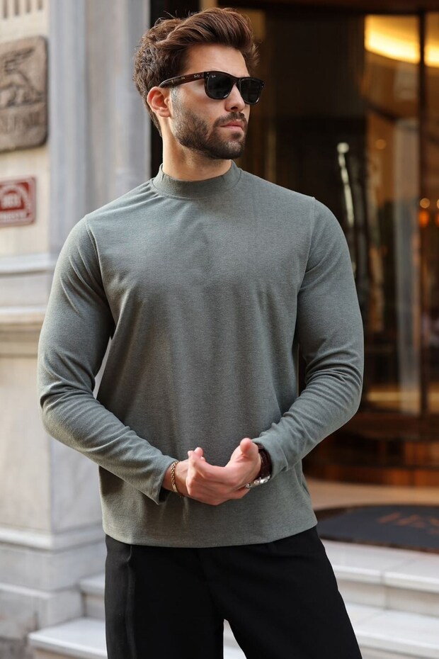 Khaki Half Turtleneck Slim Fit Men's Sweatshirt E7202