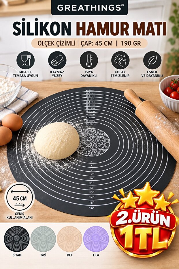 45 cm Round Colorful Silicone Dough Mat with Scale Drawing 190 Gr Pastry Rolling Mat