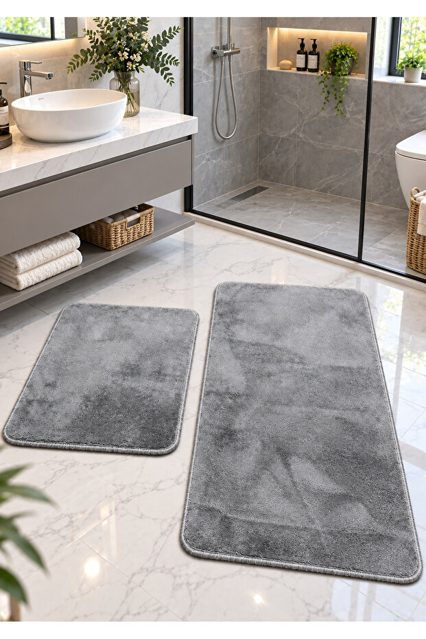 Plush Smoked 2-Piece Set Washable Non-Slip Based Post Plush Bathroom Rug