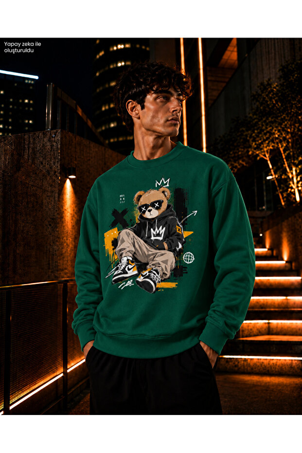 Men's Crew Neck Casual Regular Fit Sweatshirt with Glasses and Hooded Teddy Bear Figure