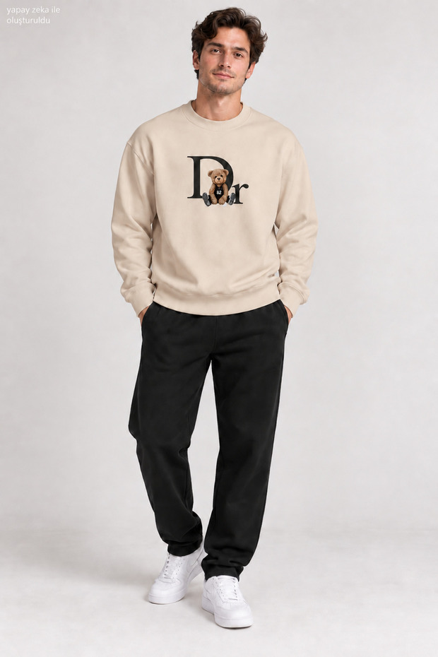 Men's Teddy Bear Printed Crew Neck Casual Regular Fit Sweatshirt