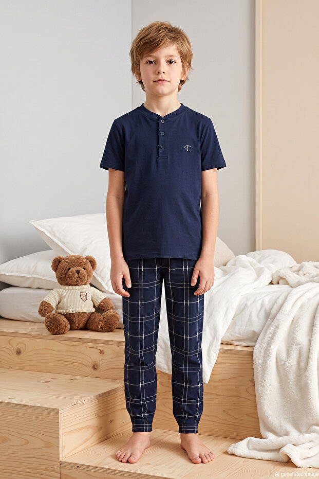 Young Boy Short Sleeve Shorts Pajama Set 4371 Navy Blue03