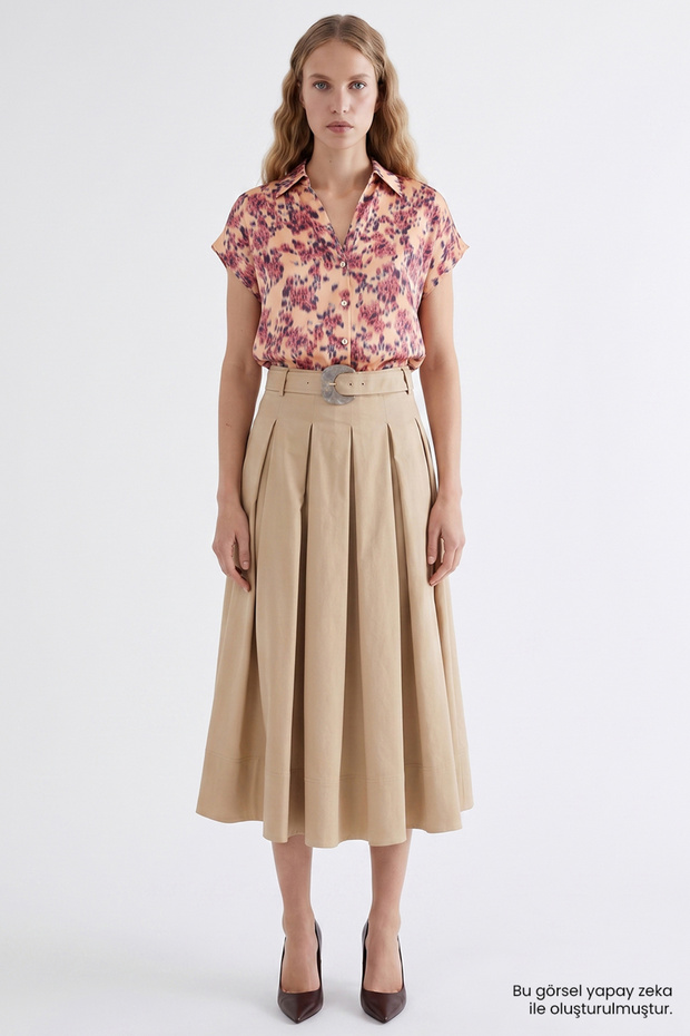 Pilikaşeli Zippered Belted Regular Midi Skirt