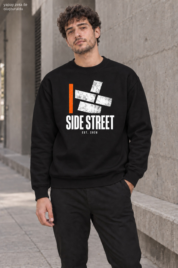 Men's Side Street Lettered and Orange Line Detailed Crew Neck Casual Regular Fit Sweatshirt