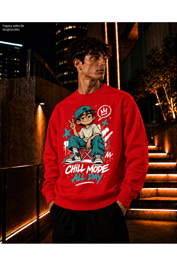 Men's Turquoise and Black Chill Mode Written Crew Neck Casual Regular Fit Sweatshirt