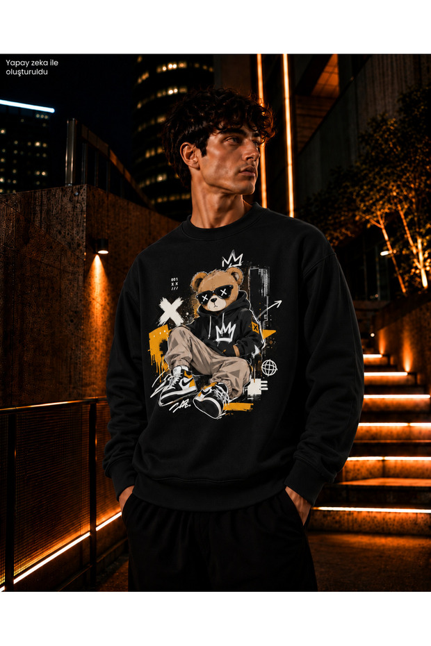 Men's Crew Neck Casual Regular Fit Sweatshirt with Glasses and Hooded Teddy Bear Figure