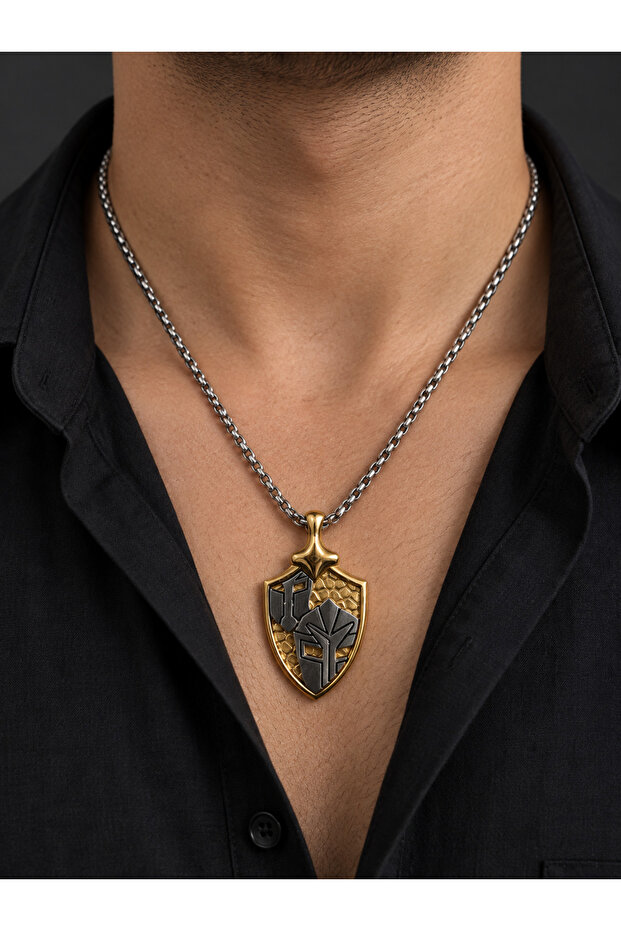 Gold and Steel Color Geometric Figure Shield Design Chain Necklace