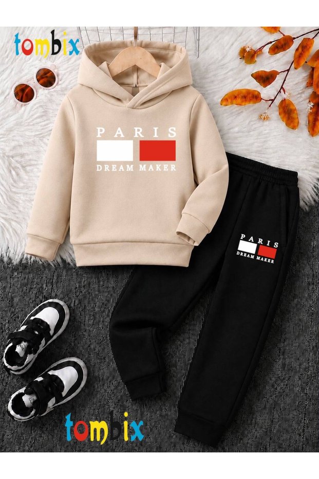 Paris Dream Printed Thick Winter Hooded Top/Bottom Children's Tracksuit Set (Pockets on the Bottom of the Pants)
