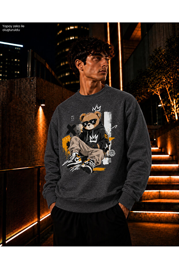 Men's Crew Neck Casual Regular Fit Sweatshirt with Glasses and Hooded Teddy Bear Figure