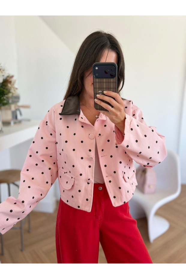 Pink Leather Collar Detailed Polka Dot Jacket - 1147