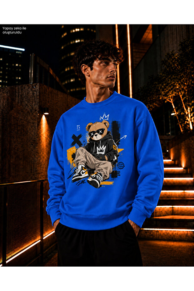 Men's Crew Neck Casual Regular Fit Sweatshirt with Glasses and Hooded Teddy Bear Figure