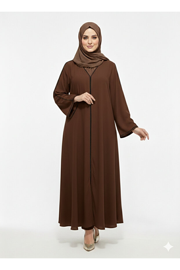 Rizqé Mahogany Serenity Chocolate Brown Minimalist Modest Trim Abaya