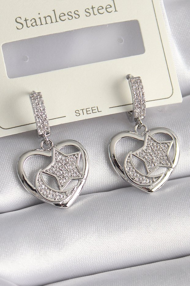 Brass Silver Color Heart Model Zircon Stone Moon Star Embroidered Women's Earrings Tj-Bkp9738