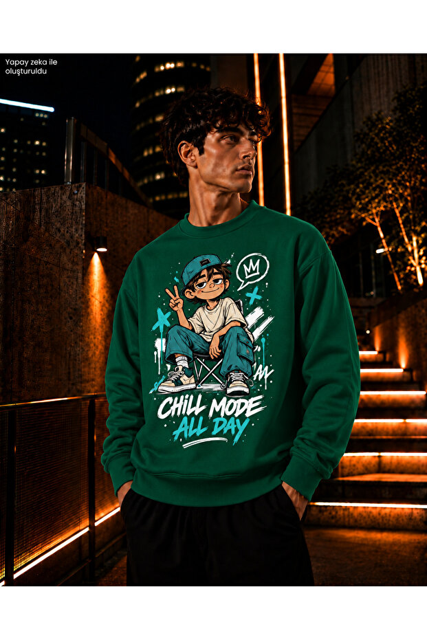 Men's Turquoise and Black Chill Mode Written Crew Neck Casual Regular Fit Sweatshirt
