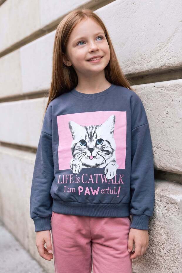 Cat Printed Crew Neck Oversize Sweatshirt
