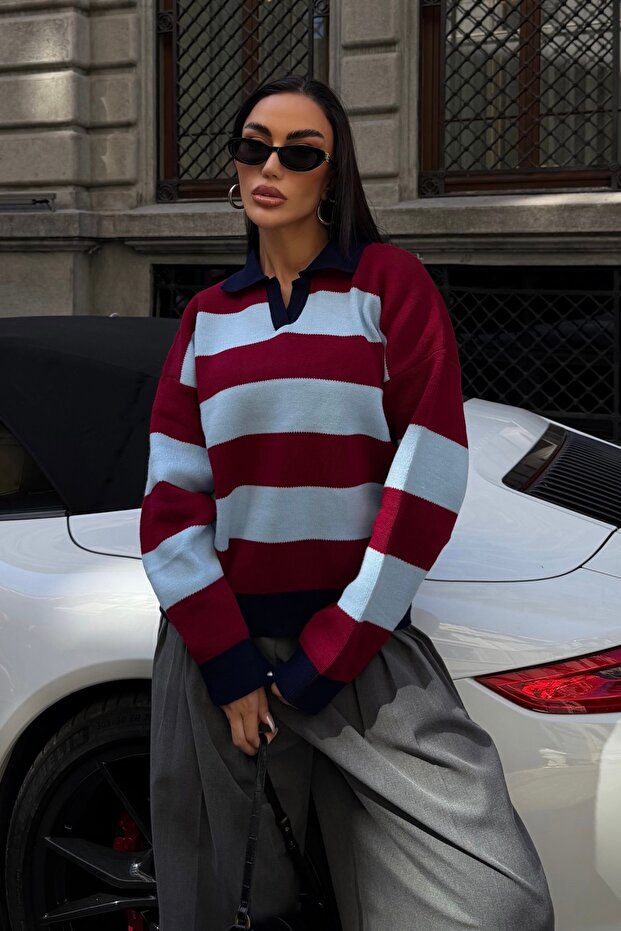 Women's Burgundy Contrast Striped Polo Collar Relaxed Sweater