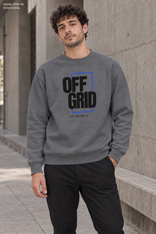 Men's Black Off Grid Written Crew Neck Casual Regular Fit Sweatshirt