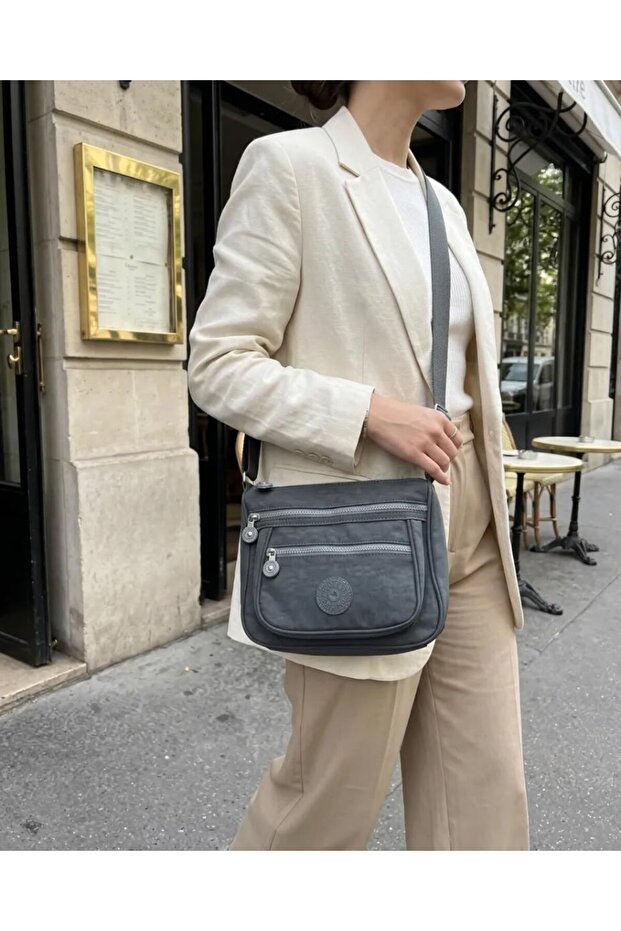 Women's Gray Parachute Fabric 4-Compartment Shoulder and Crossbody Daily Bag 24X20 cm