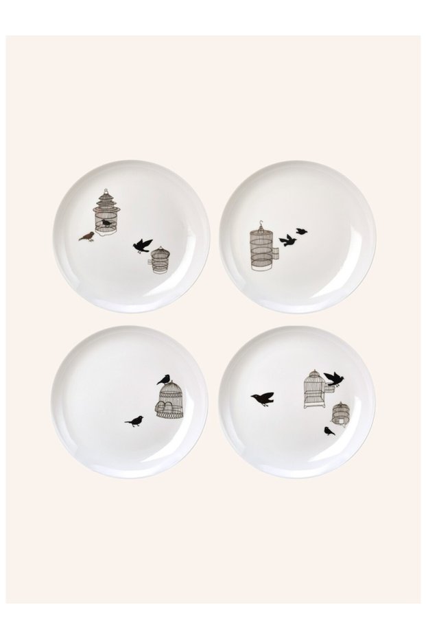 4-Piece Dessert Plate Set, Freedom Birds, 20 Cm, Bird Motif Glazed Porcelain, Het Paradijs Design