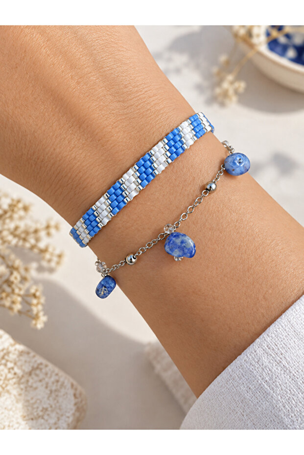 2-Piece Miyuki Woven and Lapis Stone Steel Bracelet