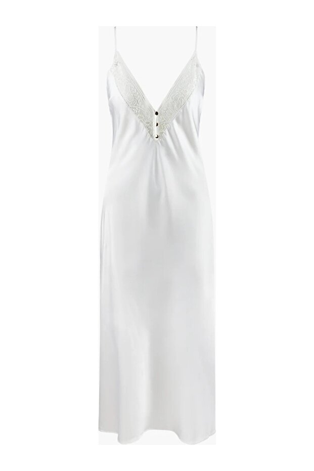 Midnight Whisper Long Satin Nightgown Deep V-Neck Elegant Night Dress with Lace Detail