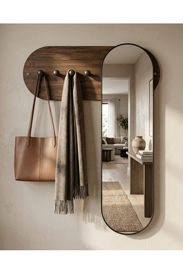 Wall-Mounted Full-Length Mirror with Clothes Rack and Wooden Background