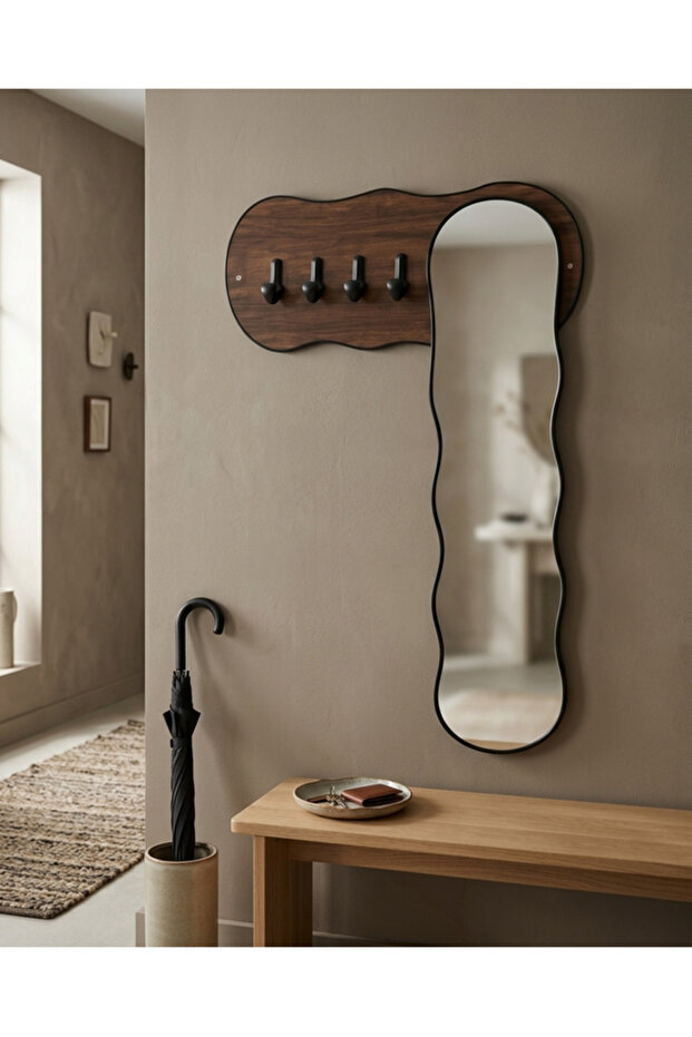 Modern Wall-Mounted Entrance Mirror with Flowing Waves Design, Featuring Clothes Rack and Key Hanger