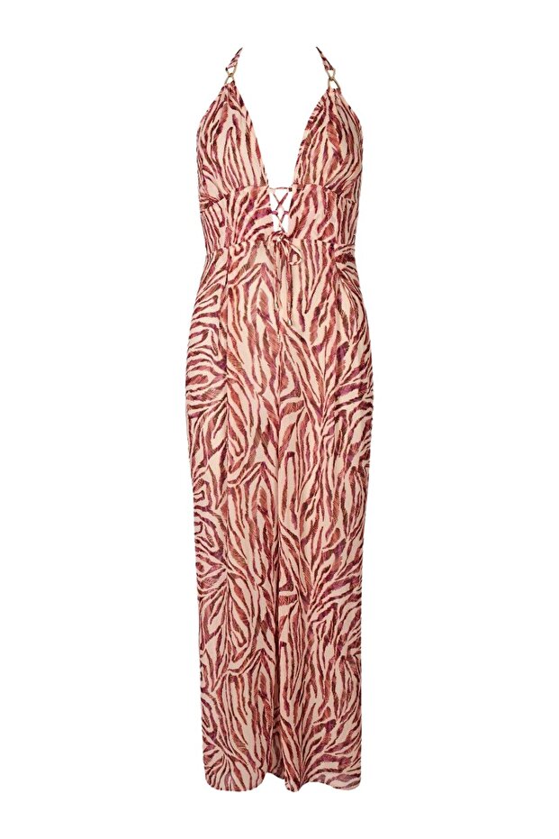 Beach Walk Jumpsuit, Deep Neckline, Gold Detail, Stylish Design