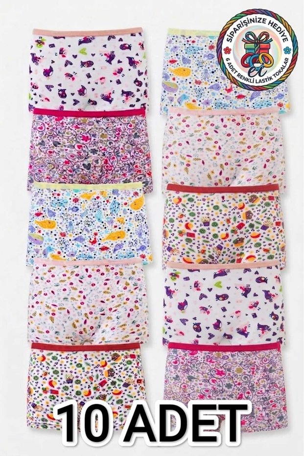Pack of 10 Mixed Patterned Cotton Lycra Girls' Boxer Shorts (6 Pieces Specially Made with Colorful Buckle as a Gift)