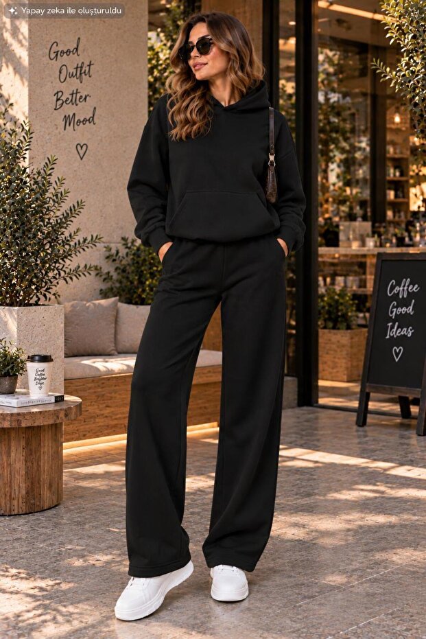 Women's Hooded Wide Leg Two-Piece Tracksuit Set with Kangaroo Pockets Oversize