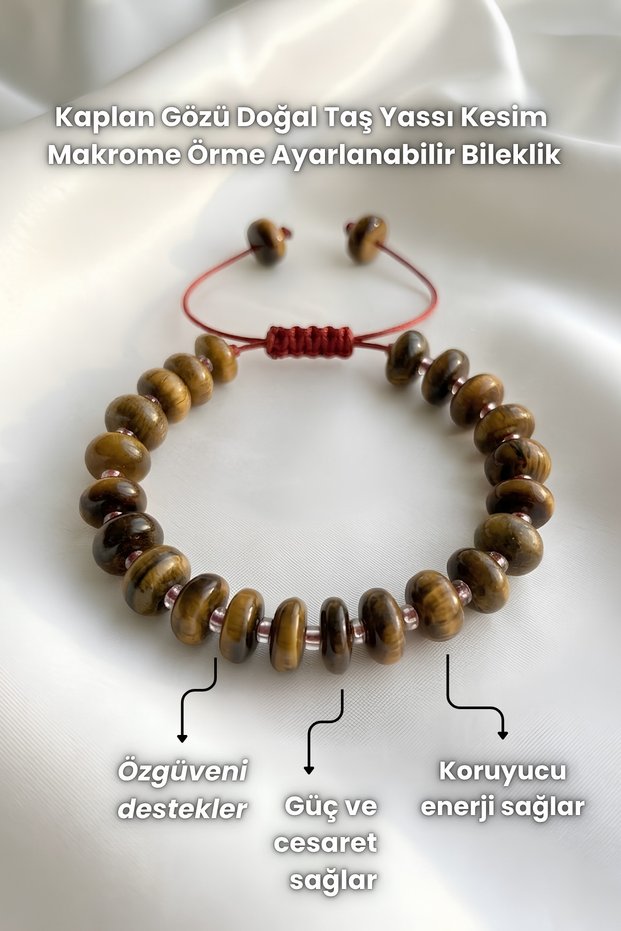 Tiger eye natural stone flat cut macrame knitted adjustable bracelet
