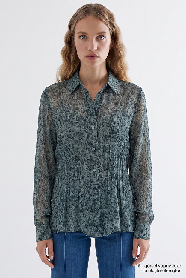 Lined Slim Fit Chiffon Shirt with Ribbed Waist Stitching