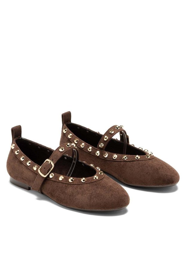 Women's Trok Detailed Elastic Round Toe Brown Suede Ballerina Shoes