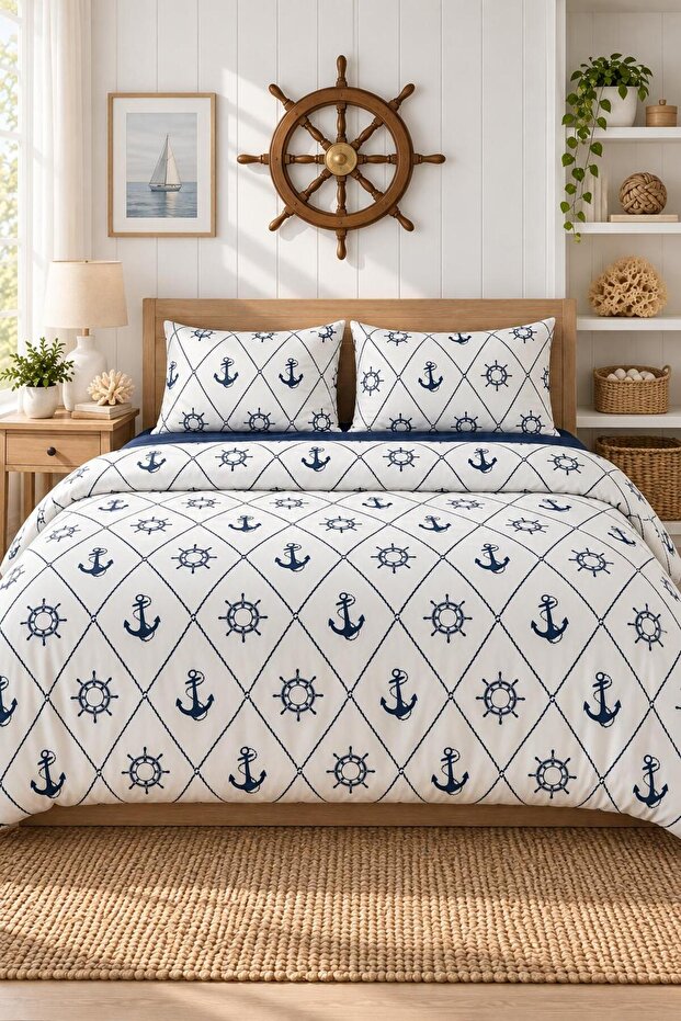 Easy-Iron Duvet Cover Set Double Size Anchor Navy Blue