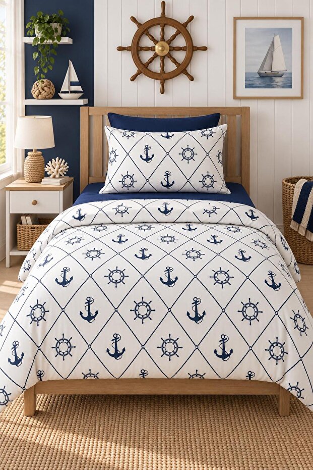 Easy-Iron Duvet Cover Set Single Anchor Navy Blue