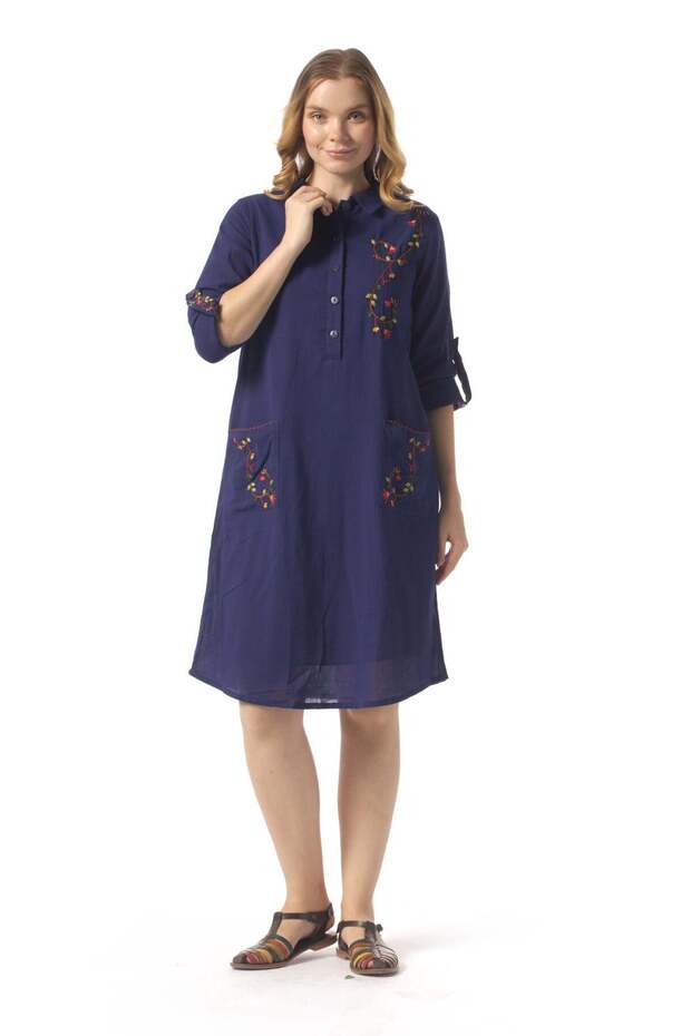 Long Sleeve Cute Buttoned Classic Collar Double Pocket Şile Fabric Embroidered Tunic Purple Purple