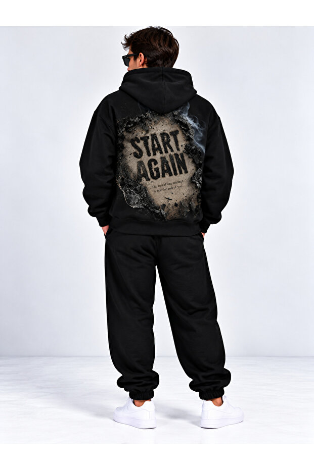 Men's Oversize Hooded Cotton Tracksuit Set 3 Thread Threaded Start Again Back Print