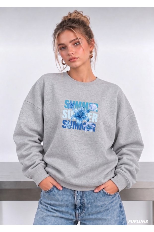 Summer Flower Printed Oversized Women's Crewneck Sweatshirt