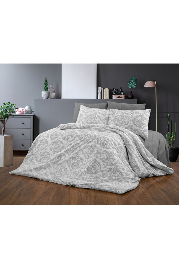Premium Double Duvet Cover Set with Ethnic Patterned Elastic Sheets Gray