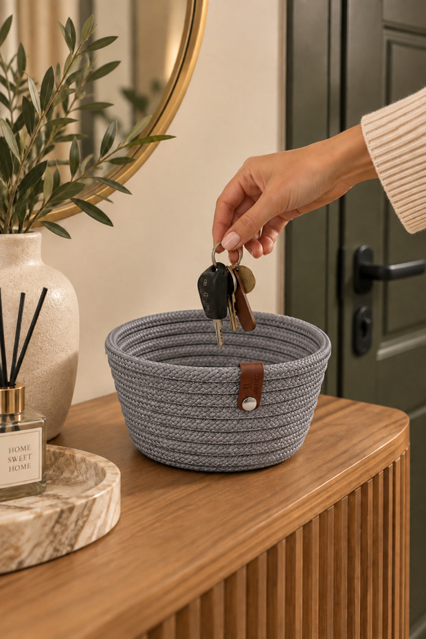 Fleur Decorative Wicker Organizer Basket – Wardrobe, Entrance Organizer, Key Box, Handmade Woven Decorative Basket 15X10 cm