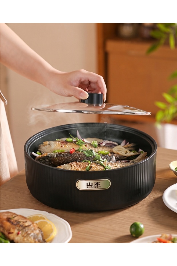 Electric Cookware Korean Style Non Stick Multi Use Deep Barbecue Pan Maker With Glass Lid