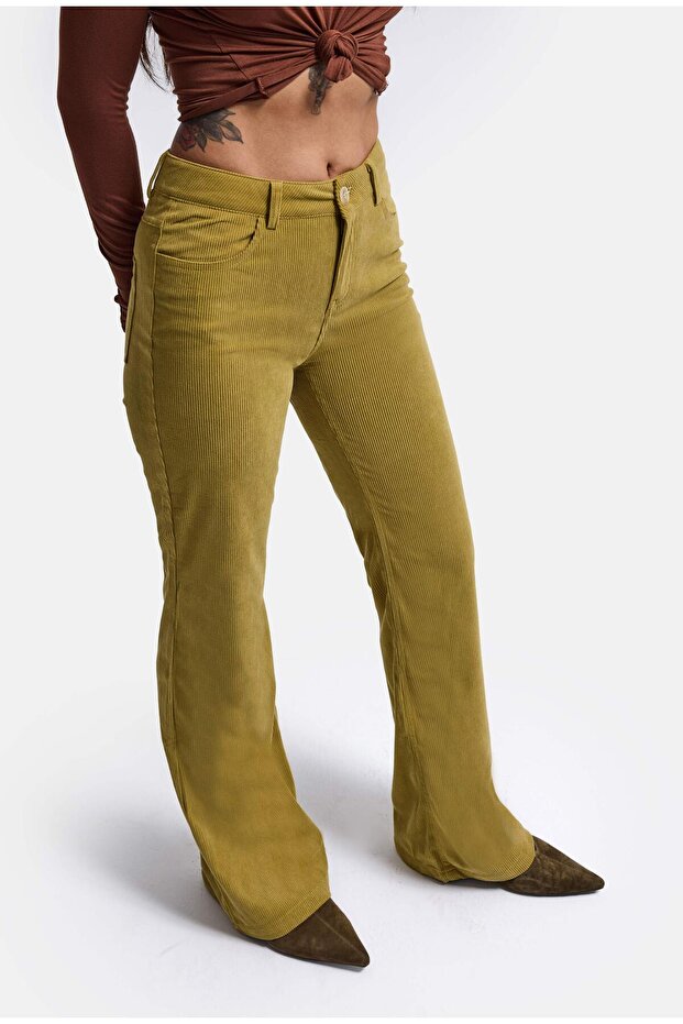 Women's Oil Green Flare Fit Velvet Velvet Fabric Trousers