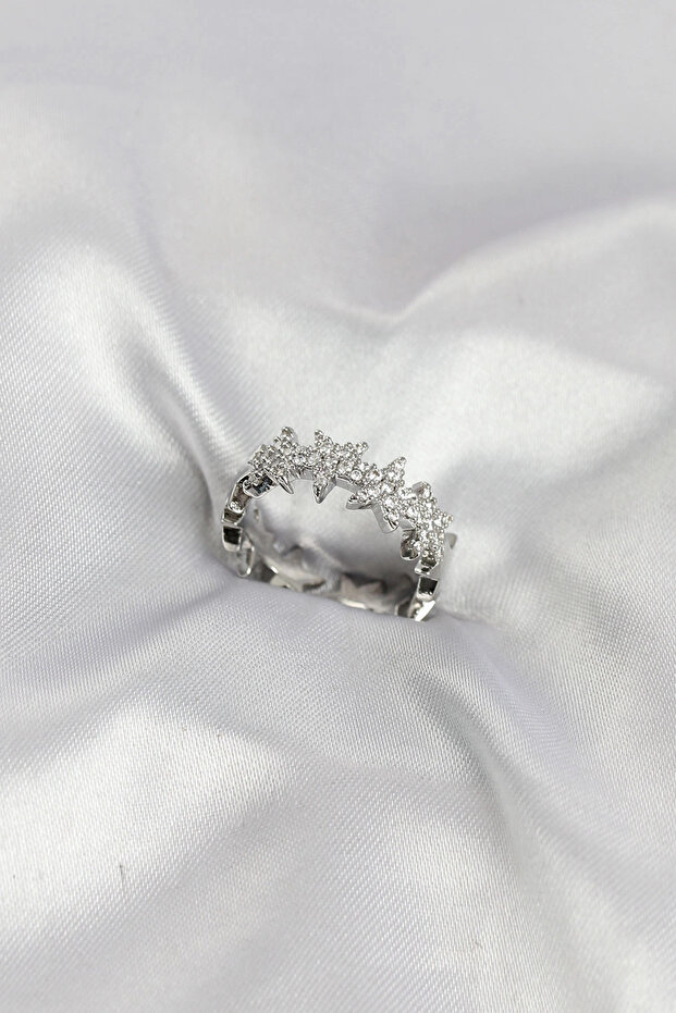 Silver Color Brass Row Star Model Zircon Stone Women's Ring Tj-Byk4202