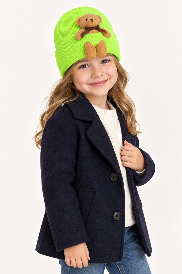 Children's Green Teddy Bear Ribbed Folded Beret, Warm Winter Unisex Children's Beret, Suitable for Ages 1-7.