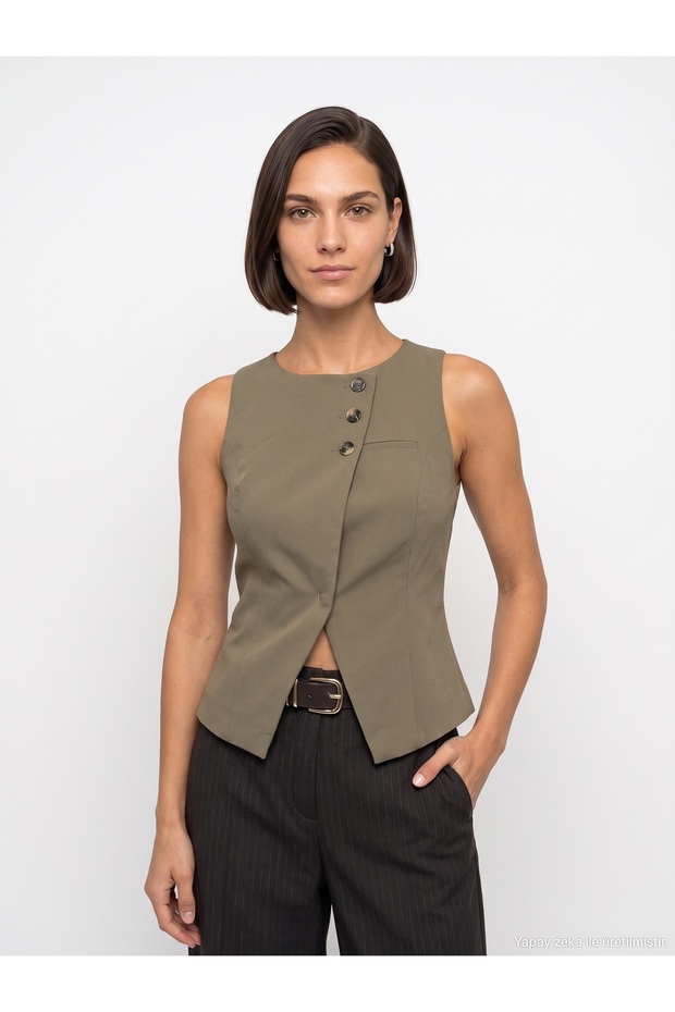 60627 Asymmetrical Cut Buttoned Vest-Green