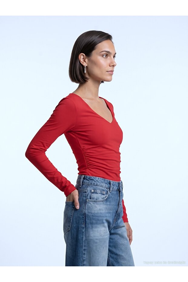 32780 V-Neck Gathered Top-Red