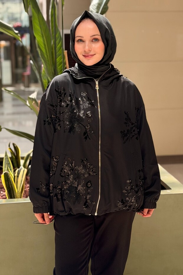 Sequin Flower Embroidered Zipper Jacket