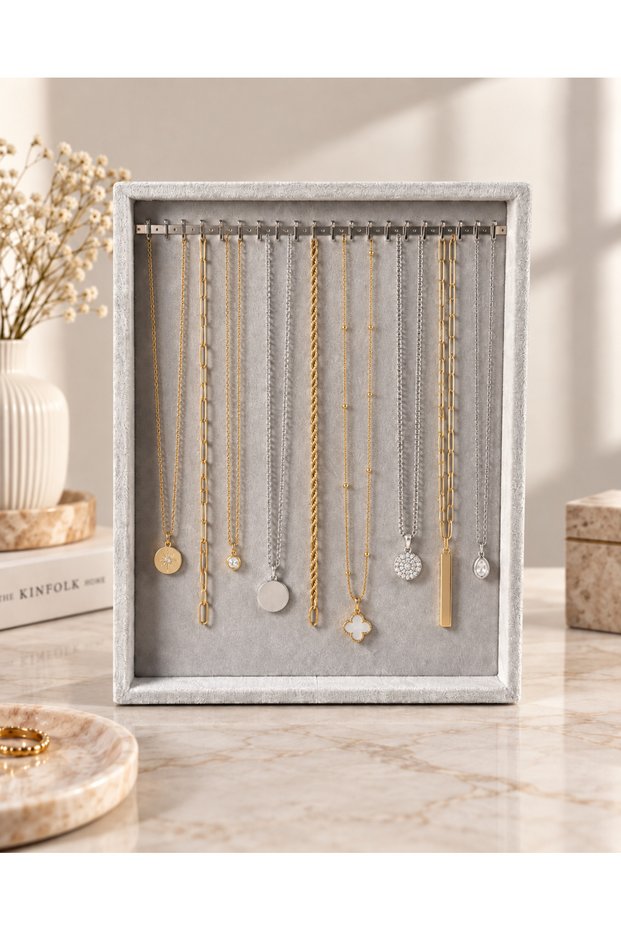 Velvet Chain Necklace Organizer Stand – Foldable Metal Hanging Jewelry Organizer with Legs