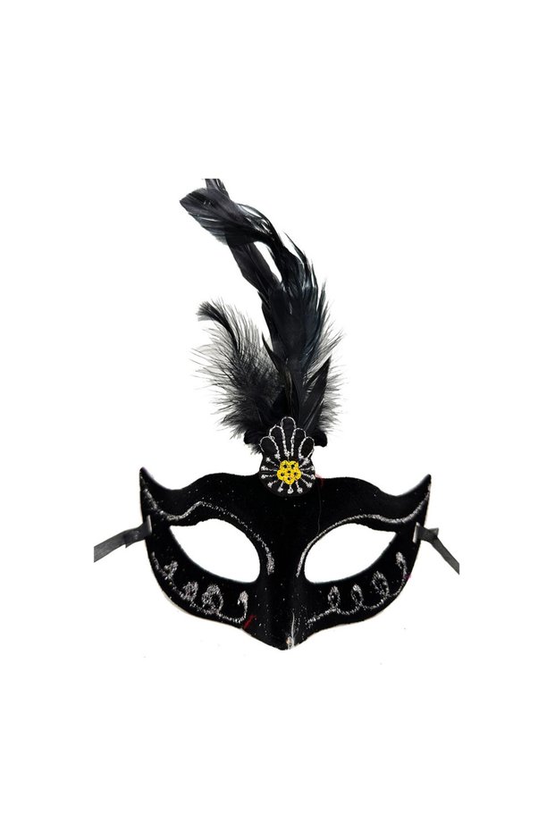 Black Color Feathered Black Suede Covered Party Prom Mask 20X16 cm